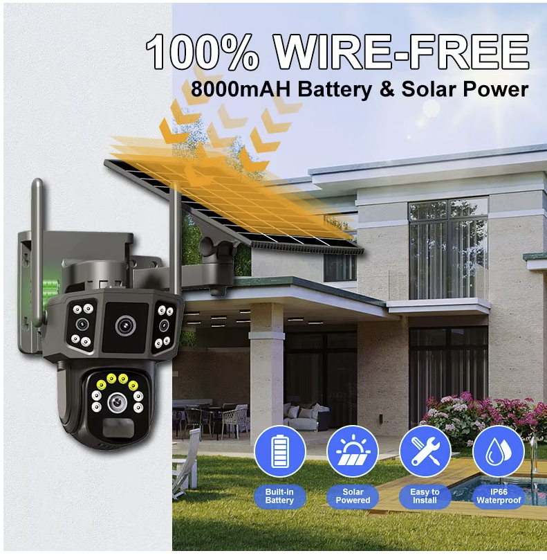 Solar Camera WiFi Wireless Network 360 IP 8MP 4K HD CCTV Battery Dual Lens Outdoor Smart Home Security Surveillance