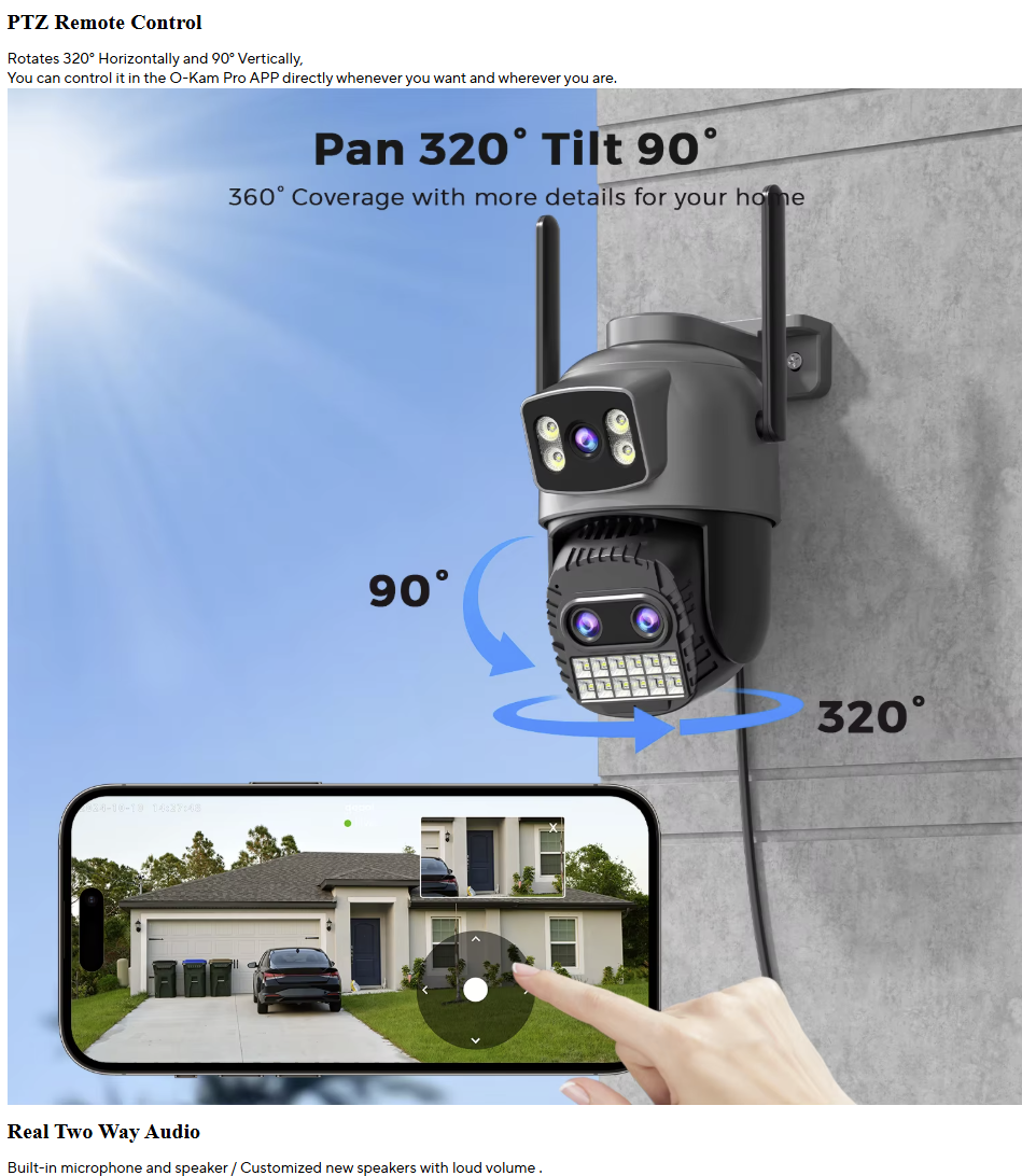 Външна IP камера с двоен екран, 15MP, WiFi, PTZ, 10X цифрово увеличение, 4K, разпознаване на хора, охранителна камера, видеонаблюдение, O-Kam Pro App