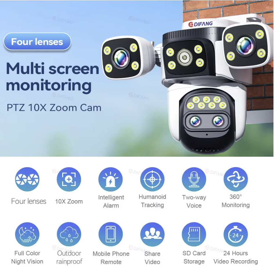 10K За външен монтаж 10X Optics Zoom WiFi6 Camera 20MP 4 екрана м 4 обектива  PTZ Automatic Tracking 6K Dual Lens Waterproof Security CCTV